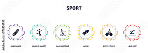 sport infographic element with filled icons and 6 step or option. sport icons such as snowboard, jumping dancer, wakeboarding, match, bicycle rider, long jump vector.
