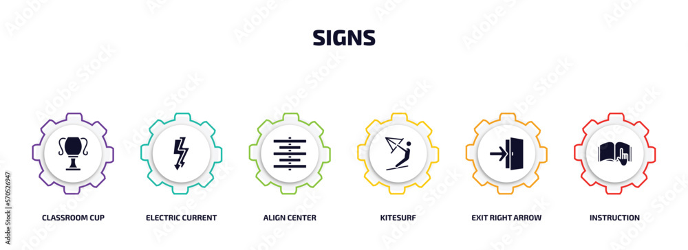 signs infographic element with filled icons and 6 step or option. signs icons such as classroom cup, electric current, align center, kitesurf, exit right arrow, instruction vector. signs infographic element with filled icons and 6 step or option. signs icons such as classroom cup, electric current, align center, kitesurf, exit right arrow, instruction vector.