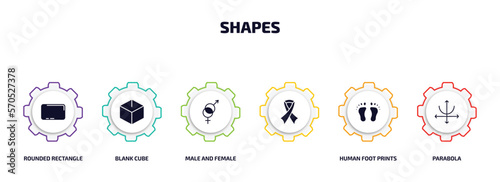 shapes infographic element with filled icons and 6 step or option. shapes icons such as rounded rectangle, blank cube, male and female, , human foot prints, parabola vector.