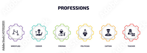 professions infographic element with filled icons and 6 step or option. professions icons such as wrestling, cooker, fireman, politician, captain, teacher vector.