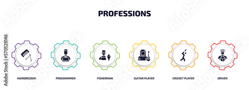 professions infographic element with filled icons and 6 step or option. professions icons such as hairdresser, programmer, fisherman, guitar player, cricket player, driver vector.