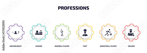 professions infographic element with filled icons and 6 step or option. professions icons such as archeologist, cashier, baseball player, chef, basketball player, welder vector.