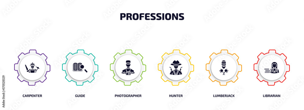 professions infographic element with filled icons and 6 step or option. professions icons such as carpenter, guide, photographer, hunter, lumberjack, librarian vector.