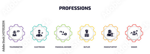 professions infographic element with filled icons and 6 step or option. professions icons such as telemarketer, electrician, financial advisor, butler, makeup artist, singer vector.