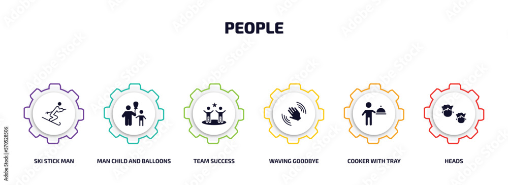 people infographic element with filled icons and 6 step or option. people icons such as ski stick man, man child and balloons, team success, waving goodbye, cooker with tray, heads vector.