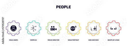 people infographic element with filled icons and 6 step or option. people icons such as male users, complex, movie director, ninja portrait, hide and seek, biceps of a man vector.