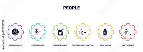 people infographic element with filled icons and 6 step or option. people icons such as woman profile, criminal heist, japanese geisha, father and son shopping, bride avatar, war prisioner vector.