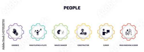 people infographic element with filled icons and 6 step or option. people icons such as goodbye, man playing a flute, waves danger, constructor, curier, man knocking a door vector.