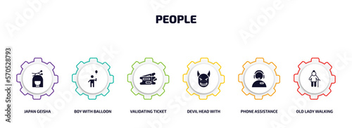 people infographic element with filled icons and 6 step or option. people icons such as japan geisha, boy with balloon, validating ticket, devil head with horns, phone assistance, old lady walking