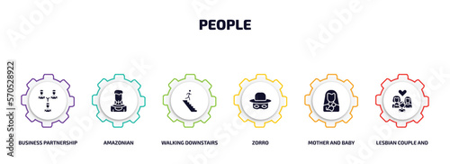 people infographic element with filled icons and 6 step or option. people icons such as business partnership, amazonian, walking downstairs, zorro, mother and baby, lesbian couple and son vector.