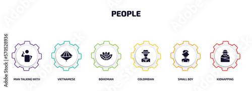 people infographic element with filled icons and 6 step or option. people icons such as man talking with phone, vietnamese, bohemian, colombian, small boy, kidnapping vector.
