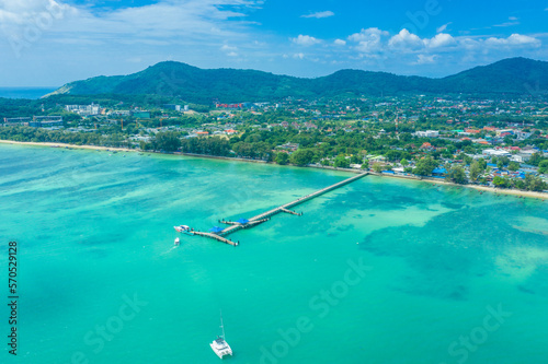 Aerial view drone shot of long tail boat at rawai beach,phuket T photo