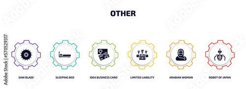 other infographic element with filled icons and 6 step or option. other icons such as saw blade, sleeping bed, idea business card, limited liability, arabian woman, robot of japan vector.