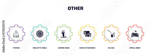 other infographic element with filled icons and 6 step or option. other icons such as 7 other, roulette table, zambie hand, hair cut business card, oil can, speell book vector.