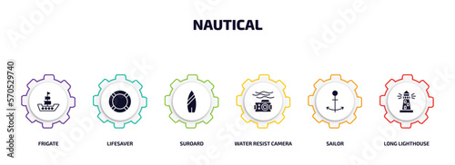 nautical infographic element with filled icons and 6 step or option. nautical icons such as frigate, lifesaver, suroard, water resist camera, sailor, long lighthouse vector.