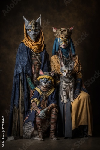 Cats wearting tribal costume. Cats family. Funny scene of cat. Generative AI © Gasi