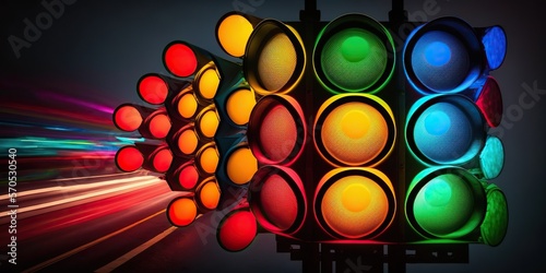 Many colorful traffic lights, concept of Intersection and Safety, created with Generative AI technology