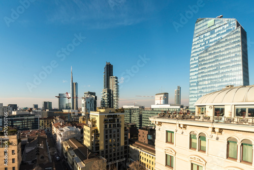 Skyline of Milano Garibaldi business district with blue sky photo