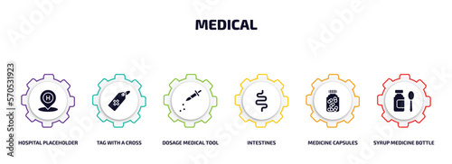 medical infographic element with filled icons and 6 step or option. medical icons such as hospital placeholder, tag with a cross, dosage medical tool, intestines, medicine capsules, syrup medicine