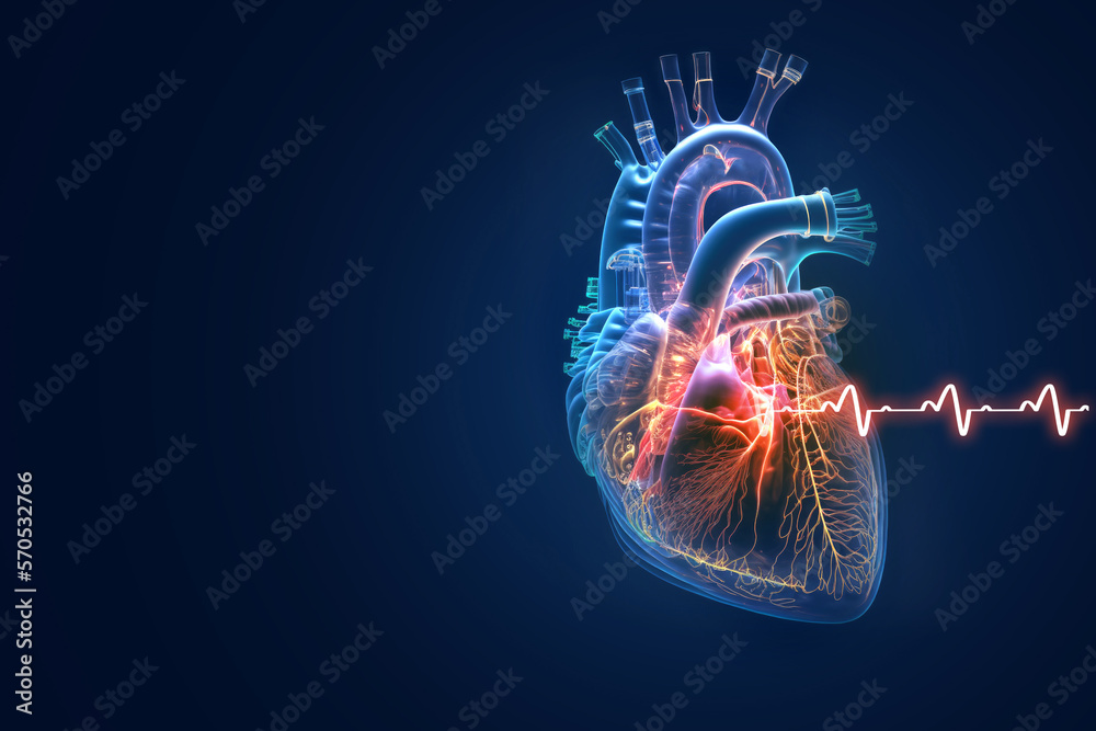 Human heart with cardiogram for medical heart health care background, Generative Ai - obrazy, fototapety, plakaty 