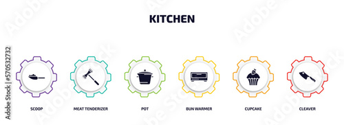 kitchen infographic element with filled icons and 6 step or option. kitchen icons such as scoop, meat tenderizer, pot, bun warmer, cupcake, cleaver vector.