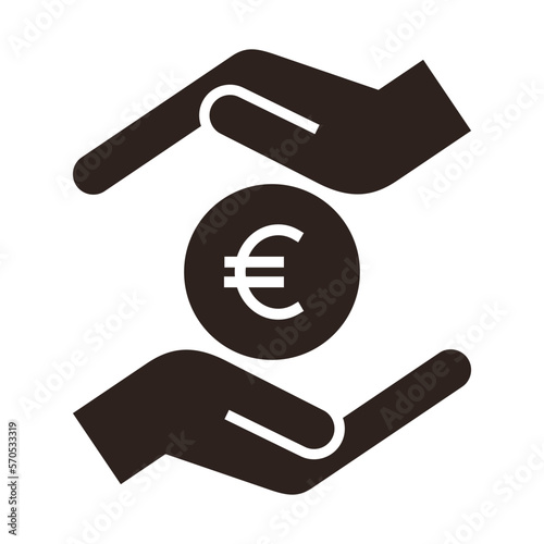 Hands and euro coin. Save money icon