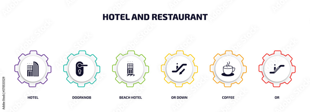 hotel and restaurant infographic element with filled icons and 6 step or option. hotel and restaurant icons such as hotel, doorknob, beach or down, coffee, or vector.