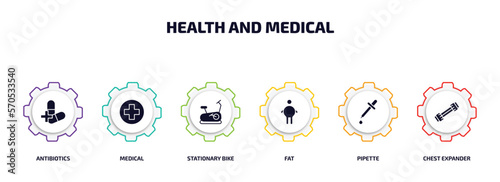 health and medical infographic element with filled icons and 6 step or option. health and medical icons such as antibiotics, medical, stationary bike, fat, pipette, chest expander vector.