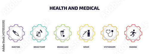 health and medical infographic element with filled icons and 6 step or option. health and medical icons such as injection, breast pump, orange juice, serum, stethoscope, running vector.