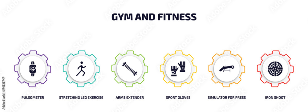 gym and fitness infographic element with filled icons and 6 step or option. gym and fitness icons such as pulsometer, stretching leg exercise, arms extender, sport gloves, simulator for press, iron