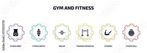 gym and fitness infographic element with filled icons and 6 step or option. gym and fitness icons such as fitness body, watch, roller, training apparatus, steroids, ball vector.