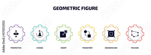 geometric figure infographic element with filled icons and 6 step or option. geometric figure icons such as perspective, change, insert, transform, bounding box, polygon vector.