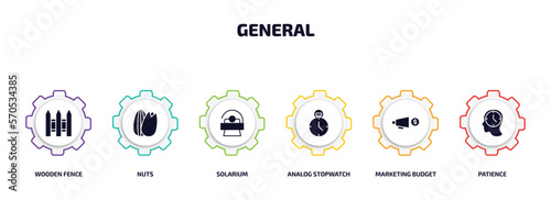 general infographic element with filled icons and 6 step or option. general icons such as wooden fence, nuts, solarium, analog stopwatch, marketing budget, patience vector.