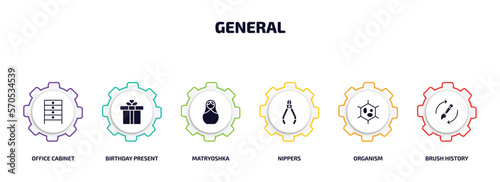 general infographic element with filled icons and 6 step or option. general icons such as office cabinet, birthday present, matryoshka, nippers, organism, brush history vector.