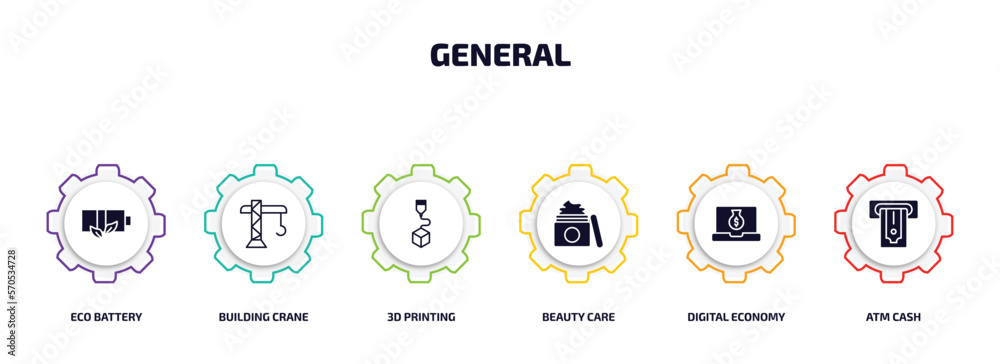 general infographic element with filled icons and 6 step or option. general icons such as eco battery, building crane, 3d printing, beauty care, digital economy, atm cash vector.