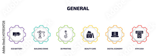 general infographic element with filled icons and 6 step or option. general icons such as eco battery, building crane, 3d printing, beauty care, digital economy, atm cash vector.