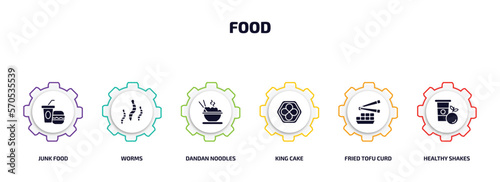 food infographic element with filled icons and 6 step or option. food icons such as junk food, worms, dandan noodles, king cake, fried tofu curd balls, healthy shakes vector.