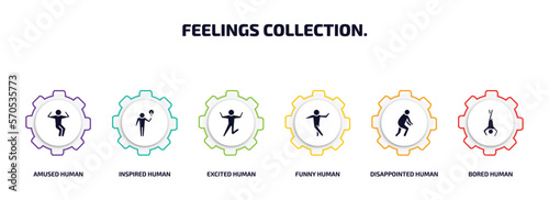 feelings collection. infographic element with filled icons and 6 step or option. feelings collection. icons such as amused human, inspired human, excited human, funny disappointed bored vector.