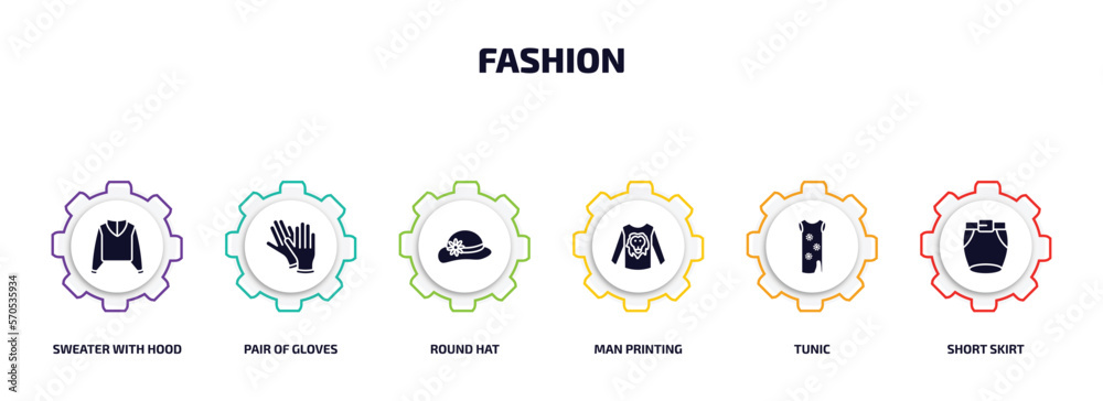 fashion infographic element with filled icons and 6 step or option. fashion icons such as sweater with hood, pair of gloves, round hat, man printing, tunic, short skirt vector. fashion infographic element with filled icons and 6 step or option. fashion icons such as sweater with hood, pair of gloves, round hat, man printing, tunic, short skirt vector.