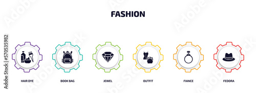 fashion infographic element with filled icons and 6 step or option. fashion icons such as hair dye, book bag, jewel, outfit, fiance, fedora vector.