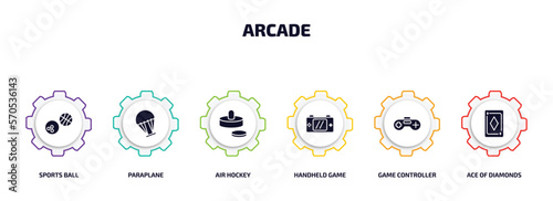arcade infographic element with filled icons and 6 step or option. arcade icons such as sports ball, paraplane, air hockey, handheld game, game controller, ace of diamonds vector.