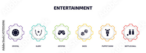 entertainment infographic element with filled icons and 6 step or option. entertainment icons such as crystal, glory, joystick, dices, puppet show, bottles ball vector.
