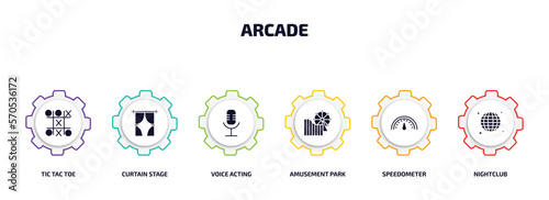 arcade infographic element with filled icons and 6 step or option. arcade icons such as tic tac toe, curtain stage, voice acting, amusement park, speedometer, nightclub vector.