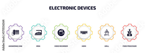 electronic devices infographic element with filled icons and 6 step or option. electronic devices icons such as answering hine, iron, video recorder, hdmi, grill, food processor vector.