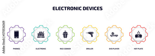 electronic devices infographic element with filled icons and 6 step or option. electronic devices icons such as phones, electronic, rice cooker, driller, dvd player, hot plate vector.