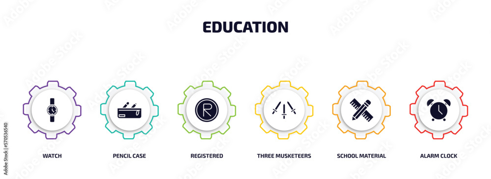 education infographic element with filled icons and 6 step or option. education icons such as watch, pencil case, registered, three musketeers, school material, alarm clock vector.