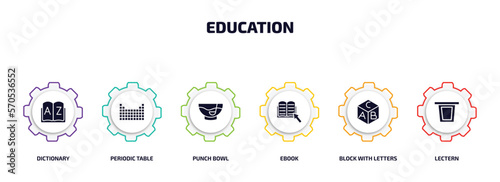 education infographic element with filled icons and 6 step or option. education icons such as dictionary, periodic table, punch bowl, ebook, block with letters, lectern vector.