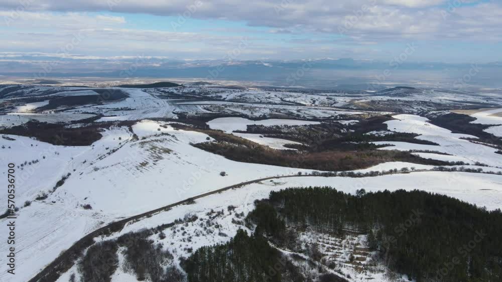 Aerial Winter view of Lyulin Mountain covered with snow, Sofia City Region, Bulgaria