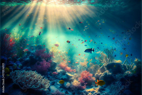 Be charmed by this idyllic view of an exotic sea floor brightened by the sun's rays and filled with multicolored exotic fish. Enjoy this picture of pristine blue water. Generative AI