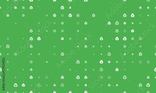 Seamless background pattern of evenly spaced white instant coffee symbols of different sizes and opacity. Vector illustration on green background with stars